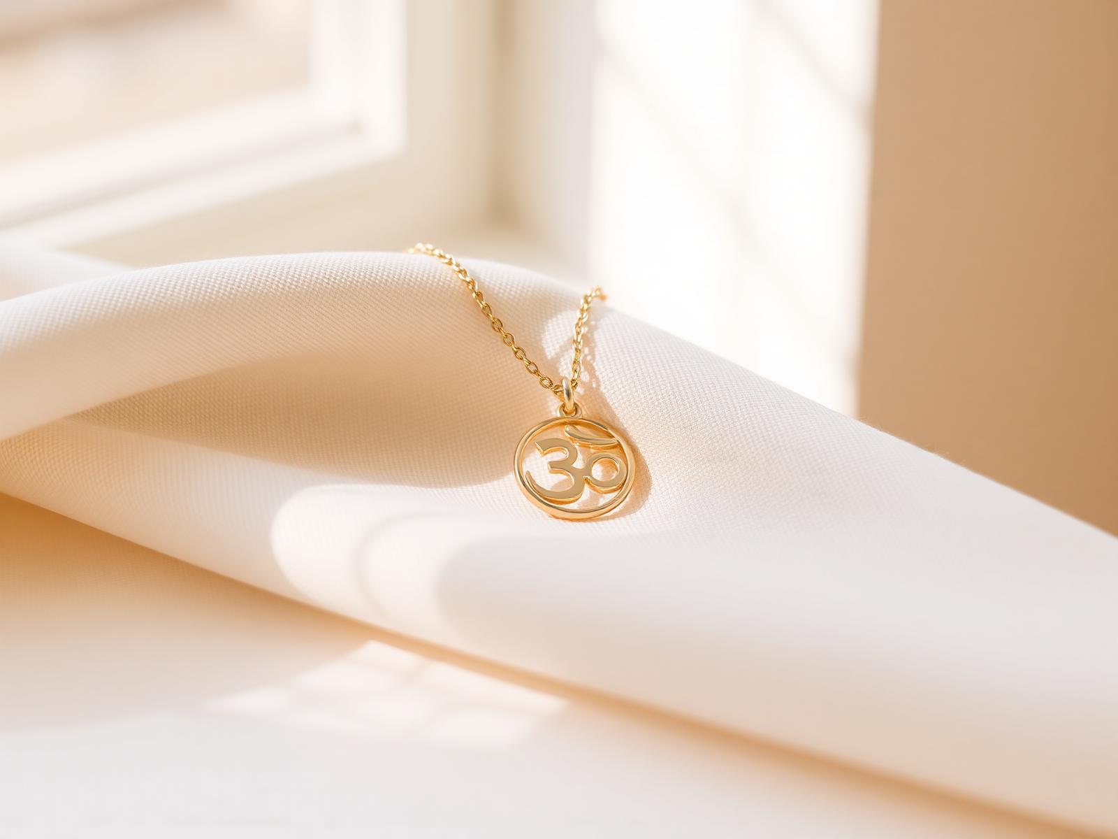 Gold Om pendant resting on cream linen